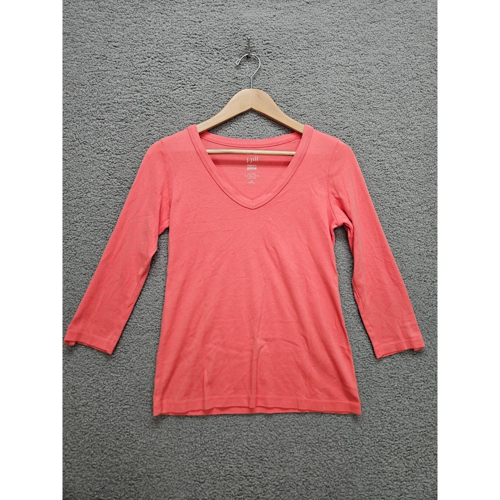 J. Jill Perfect Pima T-Shirt XS Petite Coral Pink 3/4 Sleeve V-Neck Cotton Top